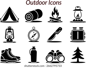 Tent sleeping bag campfire lantern compass knife canteen boots binoculars tree vector