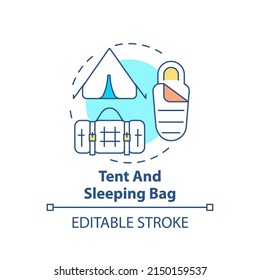 Icono de concepto de carpas y sacos de dormir. Cosas a empacar para la evacuación. Ilustración de la línea delgada de la idea abstracta del saco de emergencia. Dibujo de contorno aislado. Trazo editable. Fuentes Arial, Myriad Pro-Bold utilizadas