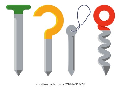 Tent stakes vector cartoon set isolated on a white background.