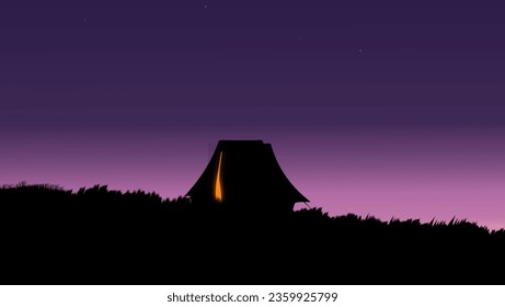 A tent stands on a field at night against the backdrop of the starry sky, the light from the tent has a romantic aura