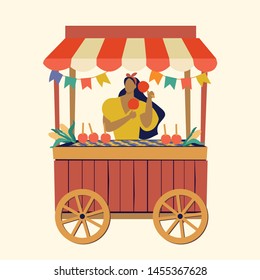 Tent street food cart apple candy. June Party Festival. Vector Illustration.