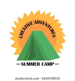 Tent with sun and inscription Summer Camp, creative adventures. Vector illustration for emblem, logo, Summer Camp, eps 10
