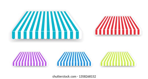 Tent sunshade for window, colored striped roof isolated. Realistic shop awning tents set. Outdoor market canopy roof for cafe, store front and shop. Vector Illustration