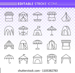 Tent thin line icons set. Outline web sign of umbrella. Marquee linear icon collection includes sandbox, camp, market. Editable stroke without fill. Tent simple vector symbol. Transparent background