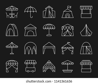 Tent thin line icons set. Outline monochrome sign kit of umbrella. Awning linear icon collection includes circus marquee, shop, truck, food kiosk. Simple tent white contour symbol vector Illustration