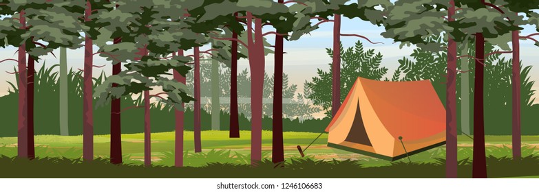 Tent for tourism in the pine forest. Camping and eco-friendly recreation. Realistic Vector Landscape