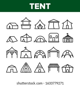 Tent Travel And Circus Collection Icons Set Vector Thin Line. Touristic Camp Tent And Festival Carnival, Marquee And Shelter Concept Linear Pictograms. Monochrome Contour Illustrations