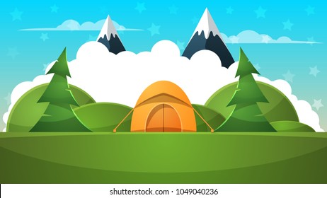 Tent, travel illustration. Landscape cartoon Vector eps 10