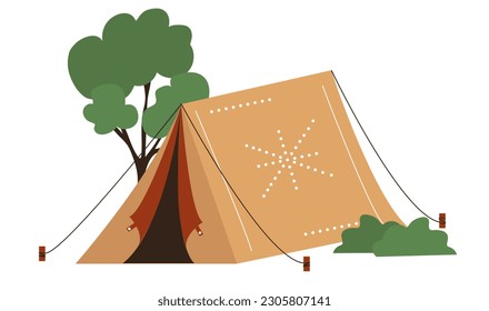 Tent with tree. Active lifestyle, hiking and camping. Rest in forest, holiday and vacation, weekend. Poster or banner for website. Cartoon flat vector illustration isolated on white background