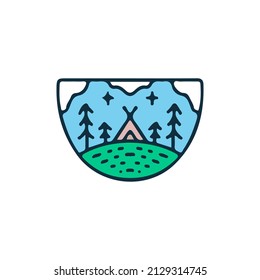 Tent, tree, and mountain, illustration for t-shirt, sticker, or apparel merchandise. With doodle, retro, and cartoon style.