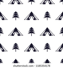 Tent and tree seamless pattern. Silhouette distressed style. Outdoor adventure equipment wallpaper background. Stock vector illustration isolated on white.
