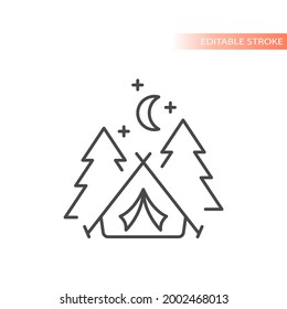 Tent with trees and moon line vector icon. Camping outline, editable stroke.