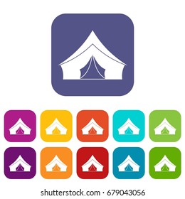 Tent with a triangular roof icons set vector illustration in flat style In colors red, blue, green and other