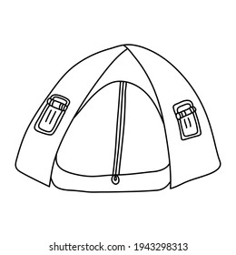 Una tienda con dos ventanas.  Ilustración vectorial dibujada a mano en estilo doodle sobre fondo blanco. Esquema negro aislado.  Equipo de campamento.