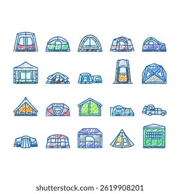 tent vacation travel tourism doodle icons set vector. outdoor leisure, summer equipment, activity adventure, object shelter, recreation tent vacation travel tourism sketch hand drawn