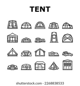 tent vacation travel tourism icons set vector. outdoor leisure, summer equipment, activity adventure, object shelter, recreation tent vacation travel tourism black contour illustrations