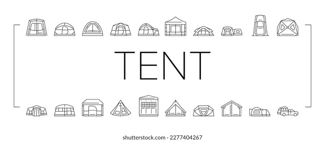 tent vacation travel tourism icons set vector. outdoor leisure, summer equipment, activity adventure, object shelter, recreation tent vacation travel tourism black contour illustrations