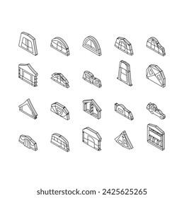 tent vacation travel tourism isometric icons set. outdoor leisure, summer equipment, activity adventure, object shelter, recreation tent vacation travel tourism color line