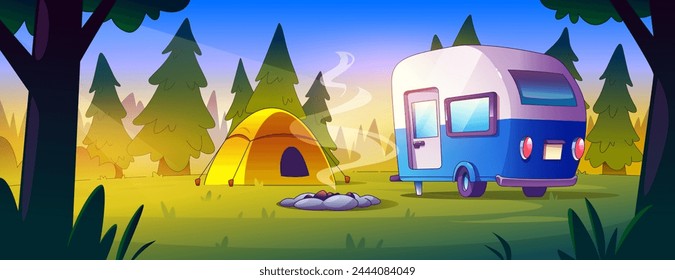 Tent and van car travel in forest camp trip vector background. Cute picnic outdoor adventure scene with bonfire, motorhome on grass and orange sunlight. Morning journey with trailer in woodland