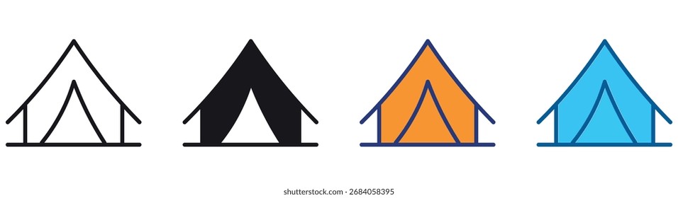 Kollektion von Zeltvektorliniensymbolen. Satz von Zelt Silhouette Symbol für Camping im Freien, Vektorgrafik.