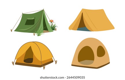 Tent vector set. Camping or picnic tent clipart set in flat design. Outdoor adventure equipment vector in cartoon style isolated on white background.