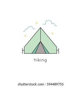 Tent vector thin line icon. Isolated symbol. Logo template for hiking or camping tour, element for travel agency products, tour brochure, excursion banner. Simple mono linear modern design.