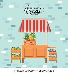 tent with vegetables inside boxes and support local business design of retail buy and market theme Vector illustration