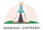 Tent Wigwam Tribal Native Indian Americans Dwelling Made of Animal Skin Decorated with Paintings, Background with Indian House at Summertime Backdrop with Clouds in Sky. Cartoon Vector Illustration