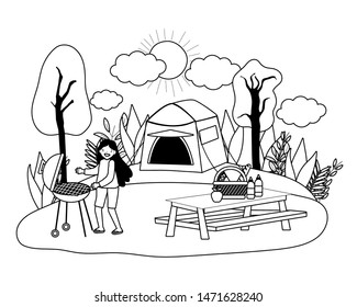 Tent and woman cartoon vector design