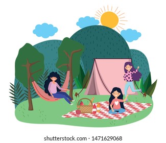 Tent and women cartoon vector design