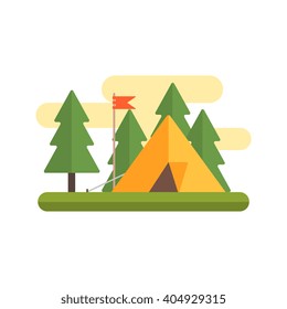 Tent In Woods Primitive Style Graphic Colorful Flat Vector Image On White Background