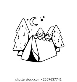 A tent in the woods with trees and a moon