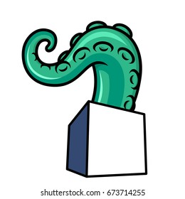 The tentacle crawls out of a square box vector illustration