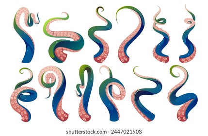 Tentacle leg vector. Octopus monster arm isolated cartoon set. Giant kraken marine scary blue and green gradient drawing png. Underwater ocean squid creature part asset collection for aquatic game