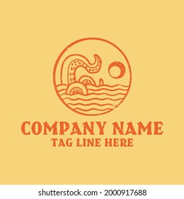 tentacle logo rising to sea level with sun next to it, suitable for companies dealing with beach, sea and also suitable for seafood restaurant