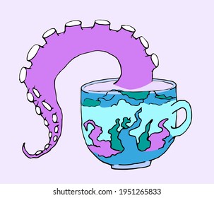 The tentacle of an octopus and cuttlefish in a cup mug for tea. Sea animal with suction cups. Color flat vector illustration. Hand drawn.