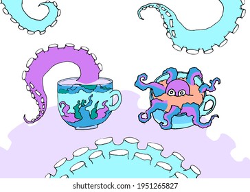 The tentacle of an octopus and cuttlefish. Sea animal with suction cups. Purple octopus in a cup mug for tea. Hand drawn vector illustration. 