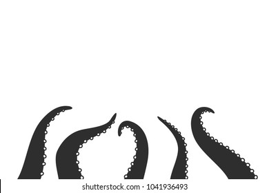 Tentacle octopus, stretch, hug grab, vector illustration, flat backdrop, background silhouette, danger, black, white