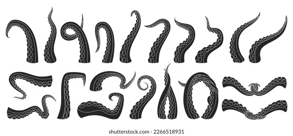 Tentacle Tintenfisch Vektorschwarz Symbol Set . Sammlung, Vektorgrafik, Tintenfisch auf weißem Hintergrund. Einziger Satz von schwarzen Illustrationen für Tentakel für Webdesign.