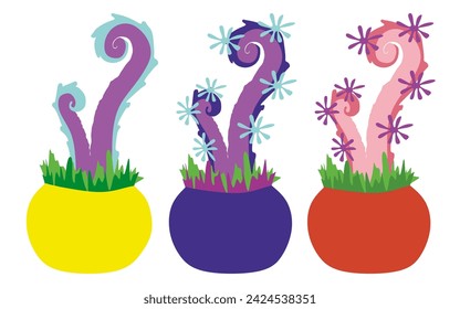 Tentacle Plant in flower pot set. Element for Game with Alien Fantasy plants isolated on white background. Color organism, monster, creature with tentacles. Design Art for Book, Poster, Print, Card.