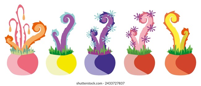 Tentacle Plant in flower pot set. Element for Game with Alien Fantasy plants isolated on white background. Color organism, monster, creature with tentacles. Design Art for Book, Poster, Print, Card.