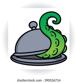 Tentacle protrudes from serving dish with lid - cloche vector sign template