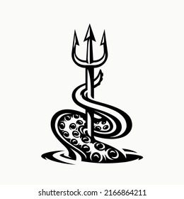 Ilustración vectorial Tentacle y trident. Icono de la lanza Kraken. Símbolo del tatuaje del arpón del pulpo. Mitología náutica monstruosa del mar profundo.