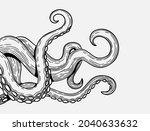 Tentacles banner. Octopus tentacle sketch element. Decorative engraving sea animal parts vector poster