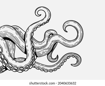 Tentacles banner. Octopus tentacle sketch element. Decorative engraving sea animal parts vector poster