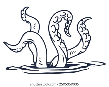 Tentacles emerge from murky water creating a mysterious and unsettling atmosphere. The design features several curling appendages enhancing the sense of intrigue.