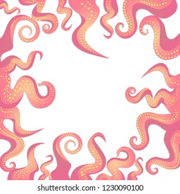 Tentacles frame coral pink color, ocean motive flat cartoon illustration for web and print, cute decoration. 