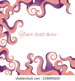 Tentacles frame coral pink color, ocean motive flat cartoon illustration for web and print, cute decoration. 