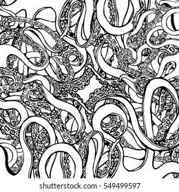 Tentacles. Hand Drawn Sea Life Pattern. Black and White illustration with Octopus.