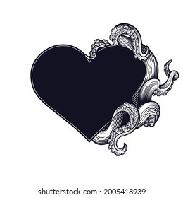 Tentacles heart shape label frame design. Hand drawn vector illustration of tentacles in shape of heart in engraving technique isolated on white.  